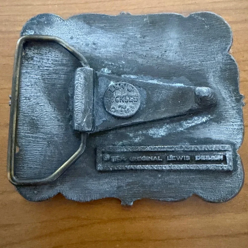 Vintage 1974 Lewis Buckles Original Design Cherub Stag Pewter Tone Belt Buckle